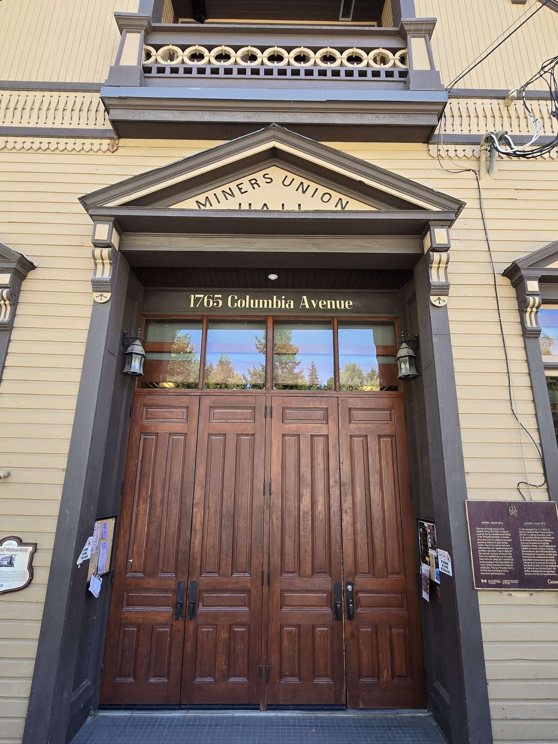 The arched entrance of the Miners' Union Hall in downtown Rossland.